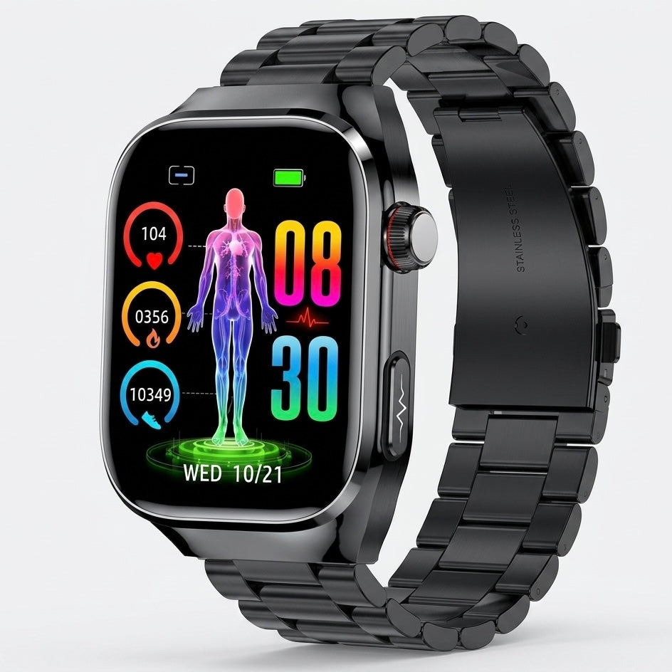 All-in-one wearable: ECG, sleep, activity tracker smartwatch with Bluetooth calls & smart notifications.