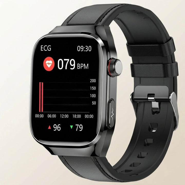 Close-up of ECG smartwatch AMOLED screen displaying real-time heart rate data and current time.