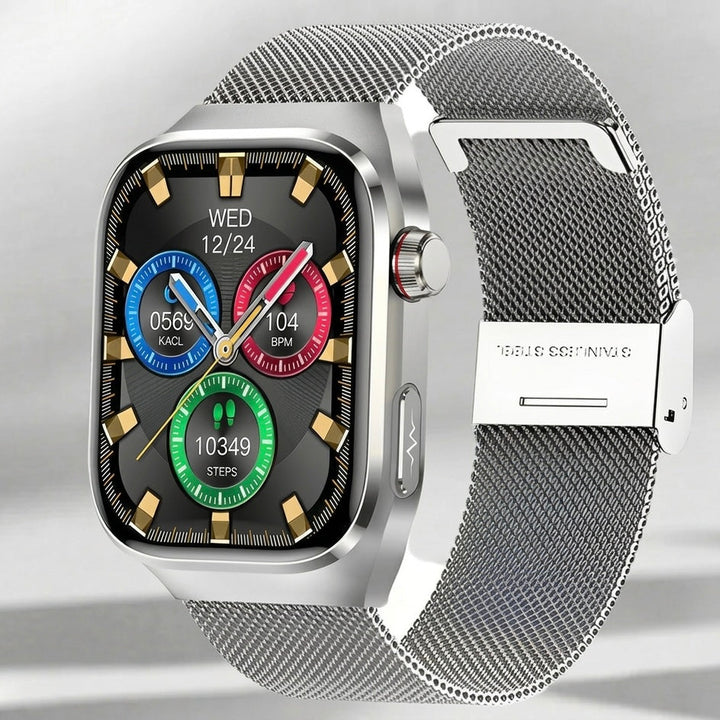Side profile of the slim ECG smartwatch, highlighting its responsive controls and elegant design.