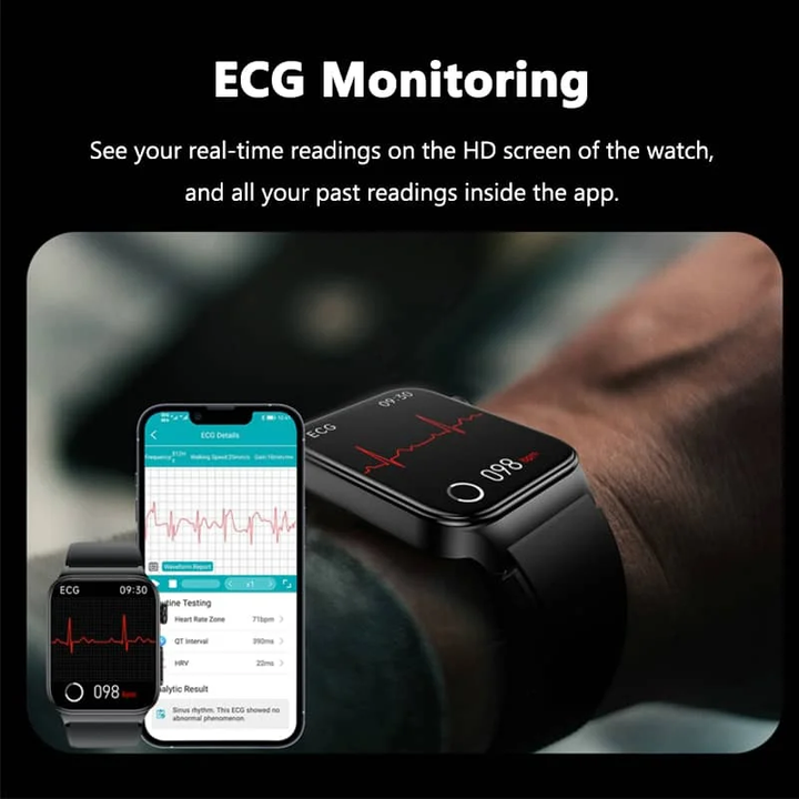 Sleek unisex digital watch with ECG, heart rate, blood oxygen & comprehensive health tracking.