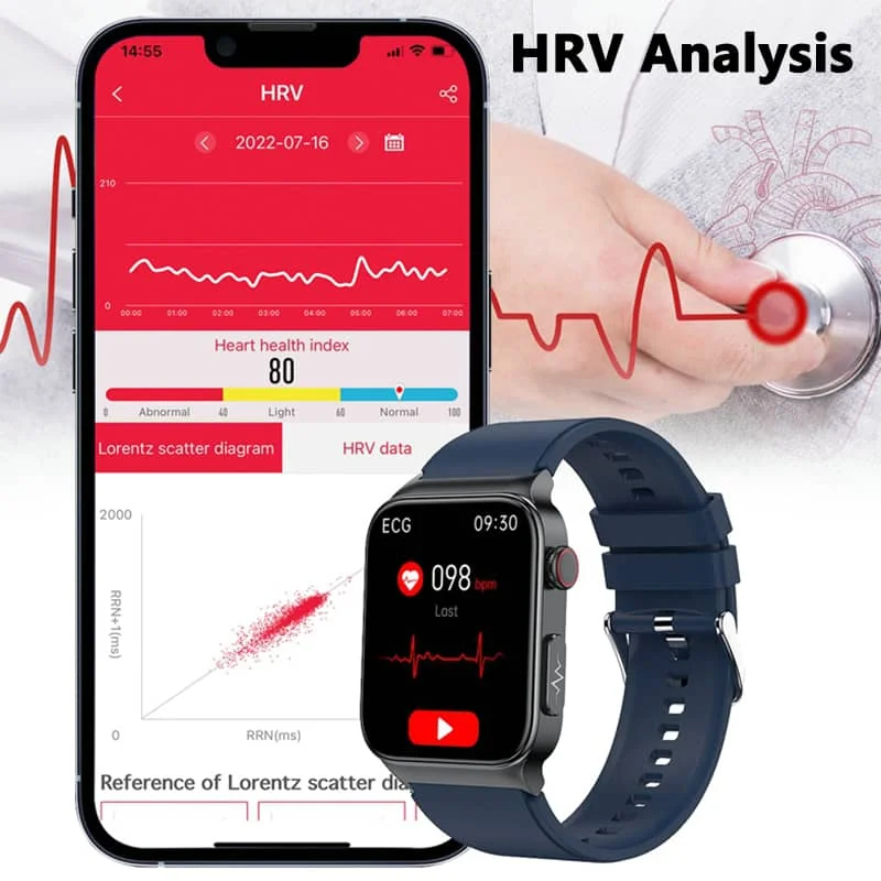 Next-gen ECG health monitoring smartwatch, unisex design, blood oxygen & heart rate sensor.