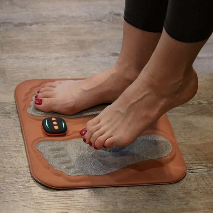 Unisex electric foot nerve stimulation pad with remote control for pain relief & circulation support.