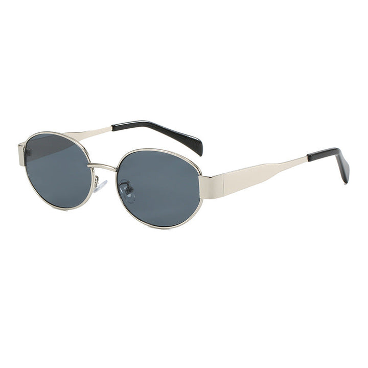 Stylish unisex oval metal frame sunglasses for eye protection. Chic fashion accessory with UV lenses.