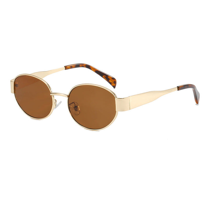 Fashionable unisex oval sunglasses with a sleek metal frame. Elegant design for stylish UV protection.