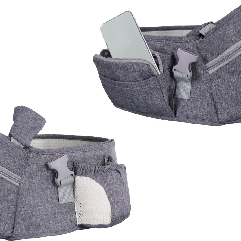 Ergonomic hip seat baby carrier supporting infant & toddler in a healthy position. Adjustable, hands-free parenting.