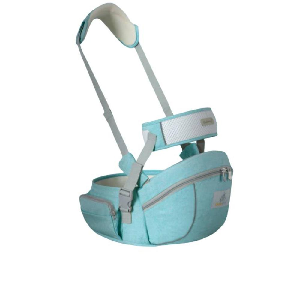 Parent using unisex ergonomic hip seat baby carrier, providing safe & comfortable support for a happy toddler.