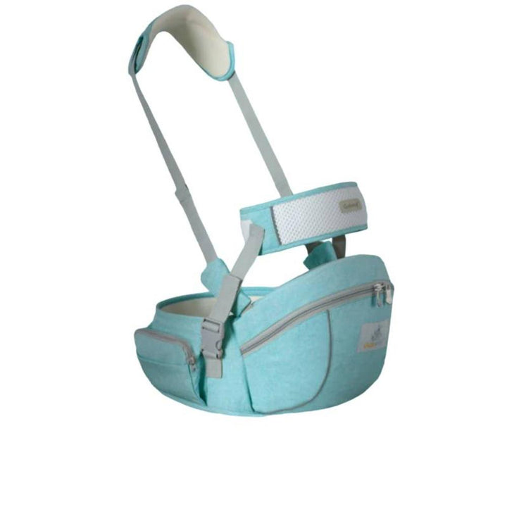 Parent using unisex ergonomic hip seat baby carrier, providing safe & comfortable support for a happy toddler.
