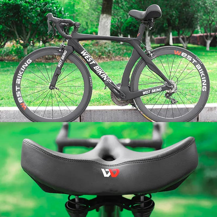 Comfortable wide bike saddle. Pressure-relieving padding & ergonomic design for an improved cycling experience.