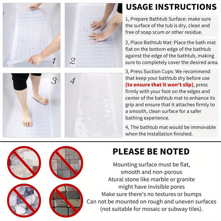 Extra long non-slip mat, ideal for bath safety. Durable, hygienic, & machine washable for convenience.