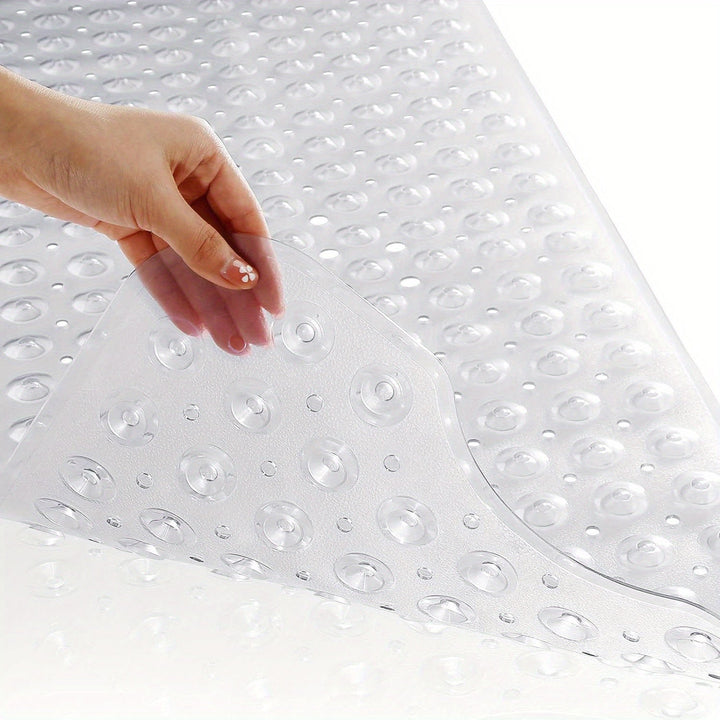 Modern extra long non-slip bath mat, ensures secure footing & bath safety. Hygienic bathroom accessory.