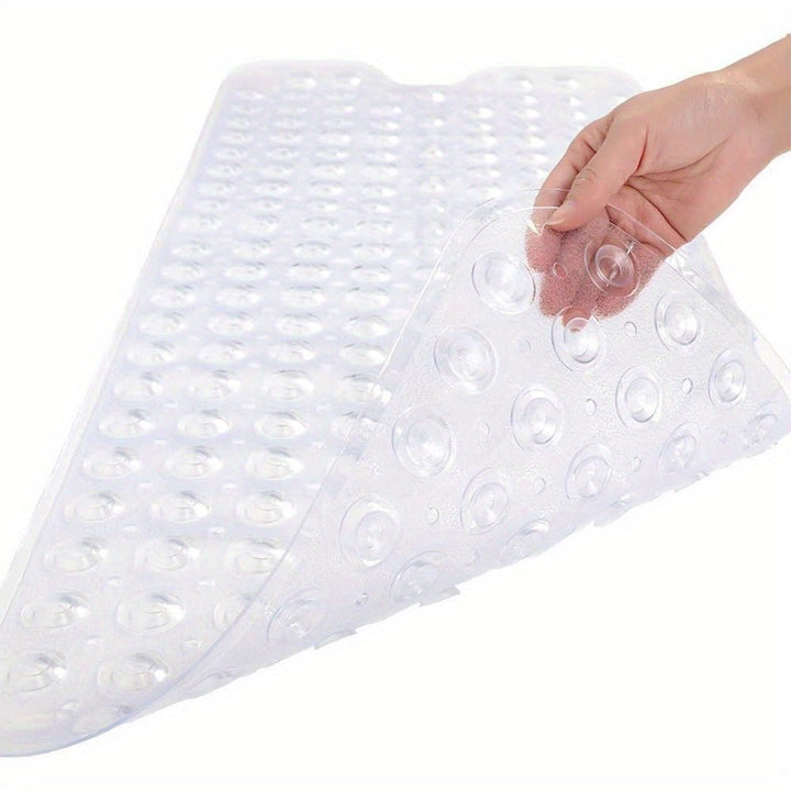 Hygienic anti-slip bath mat, extra long for full tub coverage. Enhances bath safety.