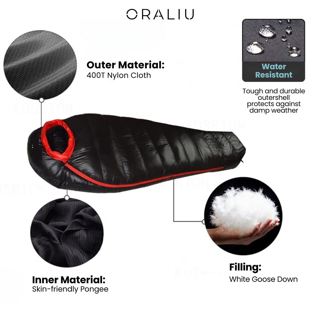 Extreme cold -20°C winter sleeping bag. Essential camping gear for hiking & mountaineering in tough conditions.