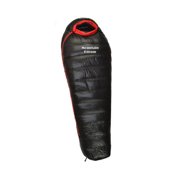 Close-up of duck down extreme cold winter sleeping bag's hood and durable ripstop nylon fabric texture.