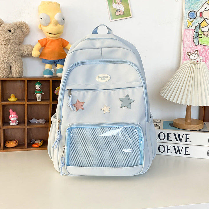 Unisex fashion backpack with star appliqué, perfect for stylish students & casual daily wear. Trendy design.