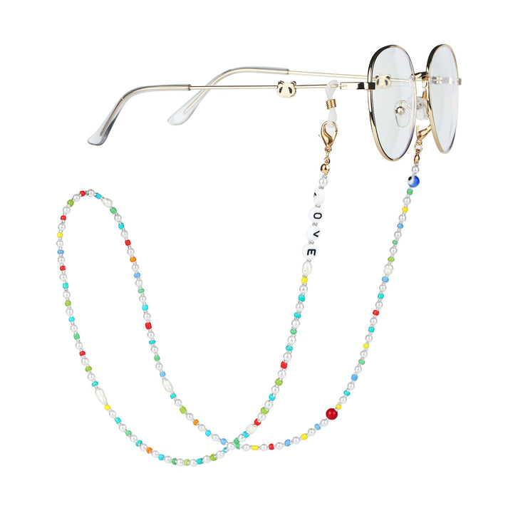 Secure beaded glasses holder strap, handcrafted with vibrant beads. Keeps eyeglasses & sunglasses safe & stylish.