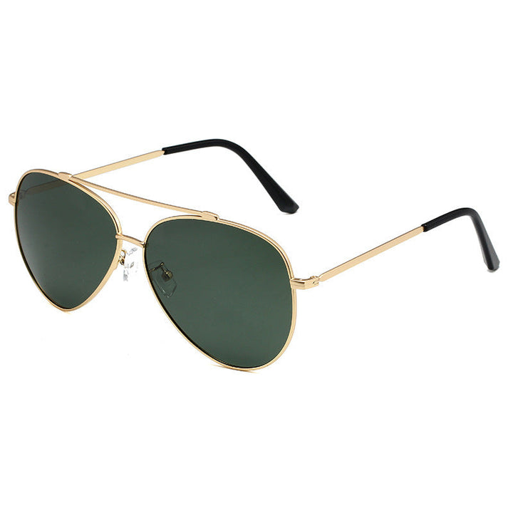 Classic pilot sunglasses featuring a gold metal frame & dark UV protective lenses; versatile unisex fashion eyewear.