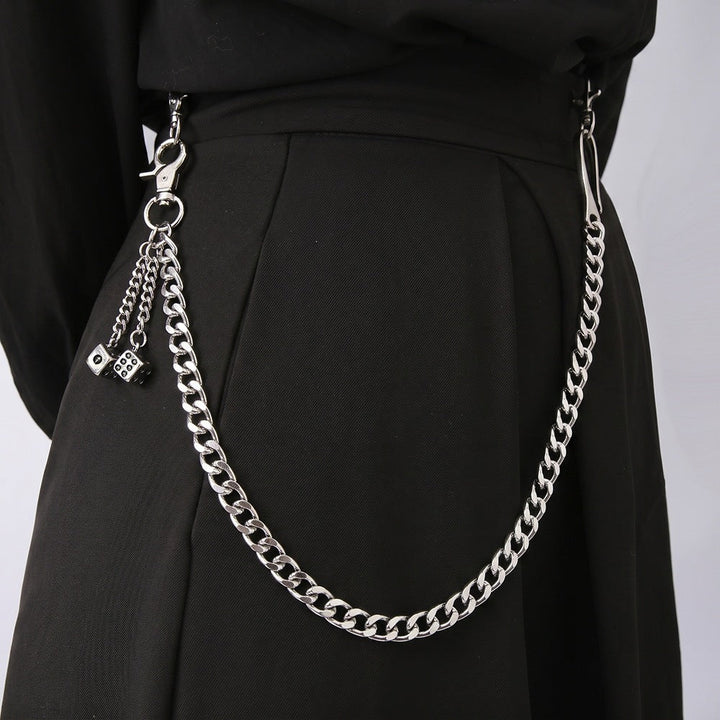 Unisex fashionable chain keychain with multi-cube pendants. Modern bag charm accessory.