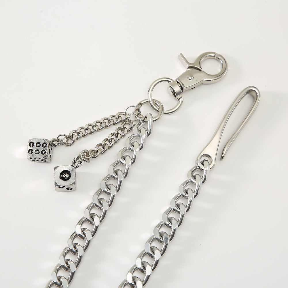 Detailed view of a modern unisex chain keychain with multiple shiny cube pendants. Unique statement piece.