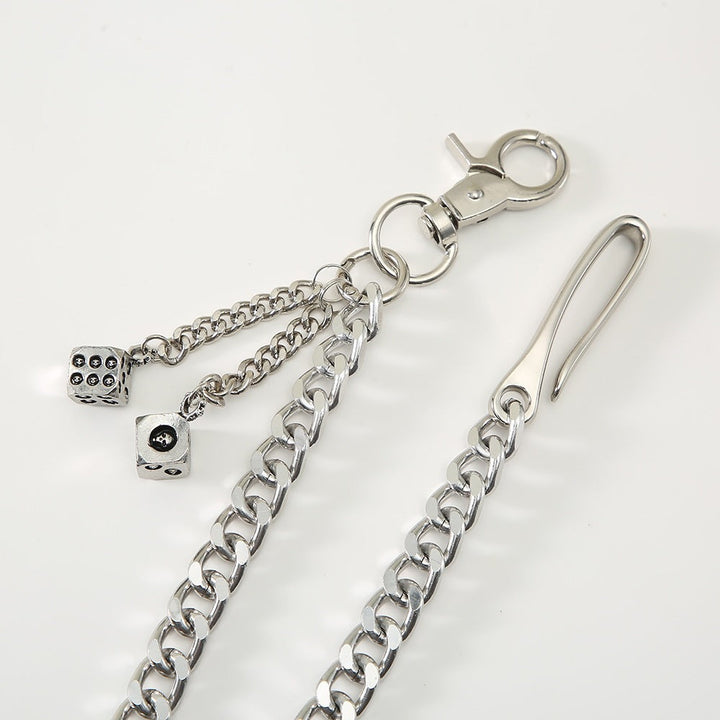 Detailed view of a modern unisex chain keychain with multiple shiny cube pendants. Unique statement piece.