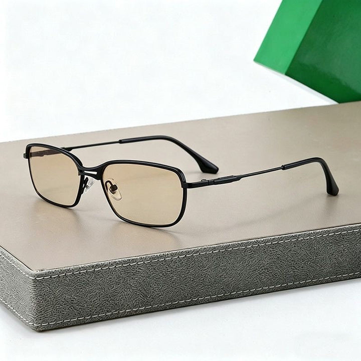 Detailed view of sleek unisex metal frame eyeglasses, showcasing modern design & quality craftsmanship.