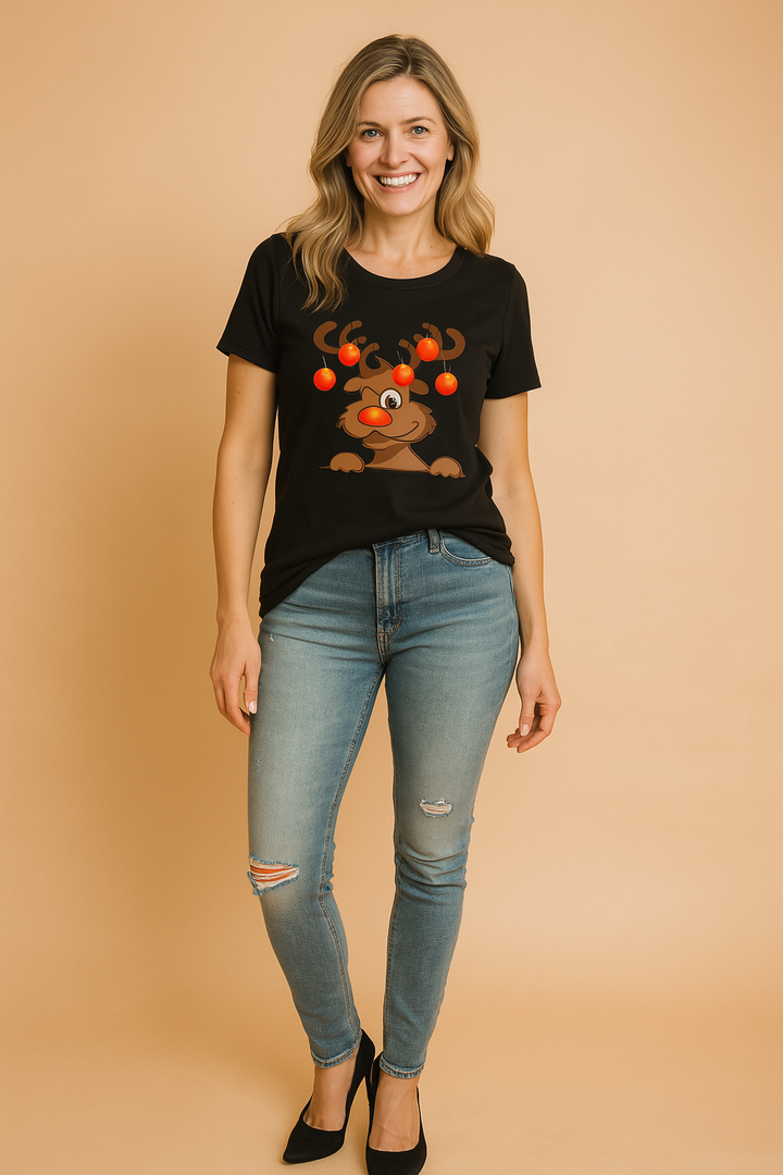 Unisex festive reindeer Christmas t-shirt. Perfect holiday fun tee, great for parties & gifts.