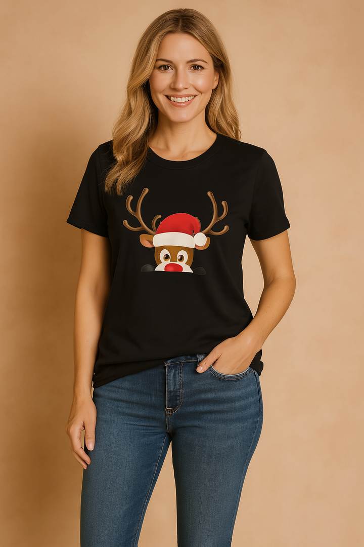 Funny Christmas t-shirt with festive reindeer graphic. Unisex holiday top for casual wear & xmas parties.