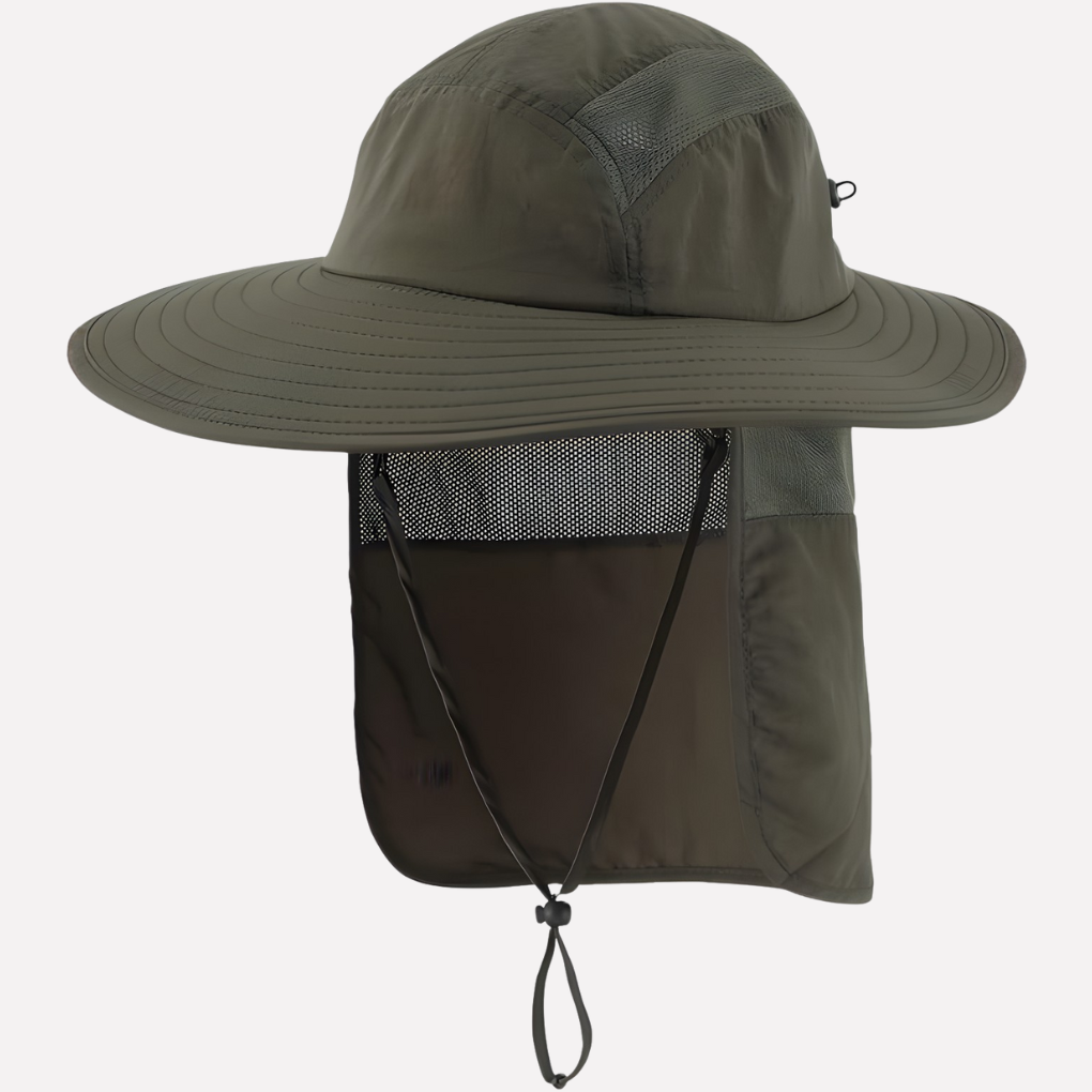 Unisex fishing hat with neck flap for ultimate sun protection. Wide brim, adjustable, perfect for outdoor activities.