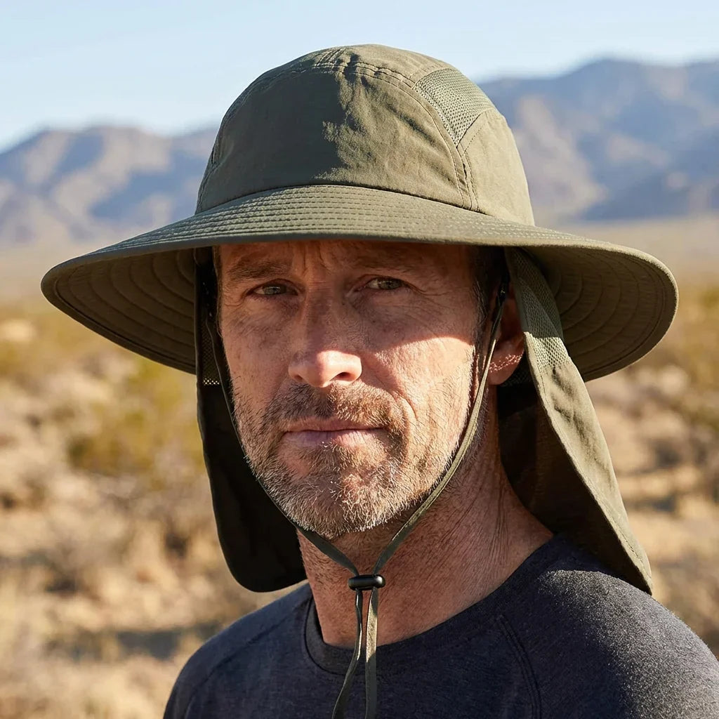 Stay protected while fishing or hiking with this wide-brimmed sun hat. Features a neck flap and UV protection.
