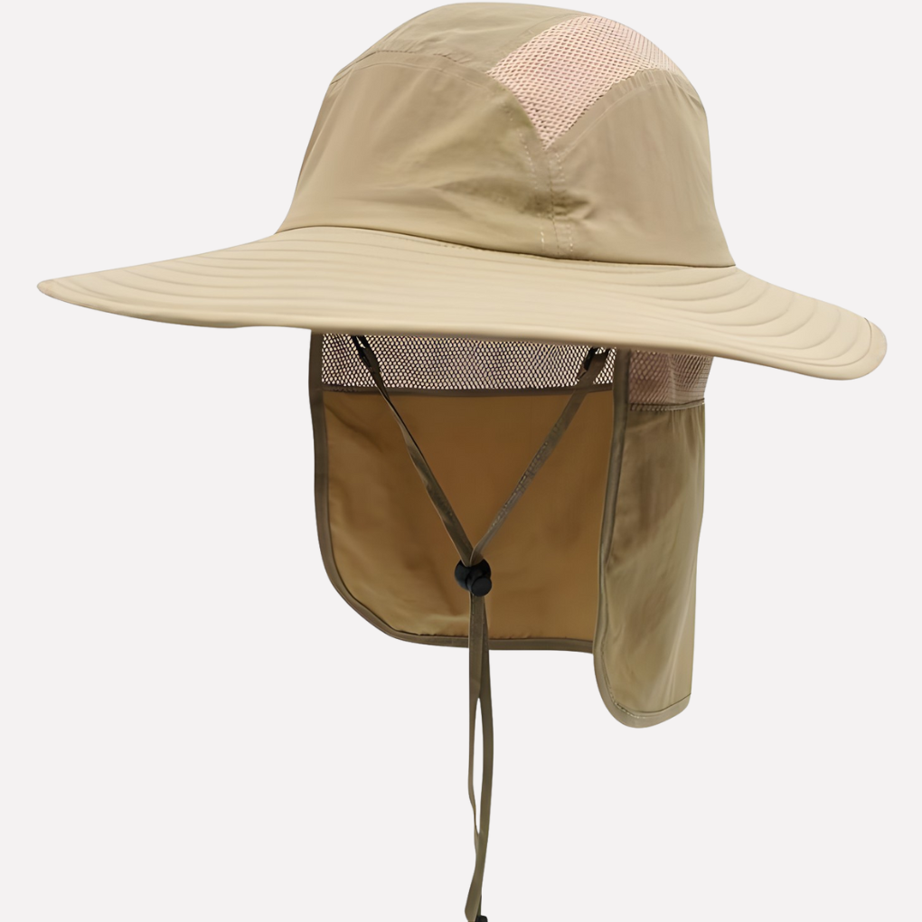 Versatile outdoor hat with wide brim & neck flap, offering UV protection for men & women. Great for summer activities.