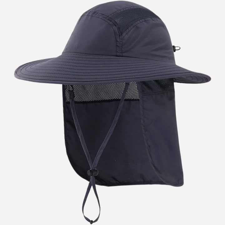 Adjustable fishing hat with UV protection, wide brim, and neck flap. Perfect summer accessory for hiking & travel.