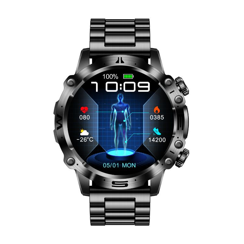 Unisex fitness smartwatch with heart rate & blood pressure monitor, tracking activities & wellness.