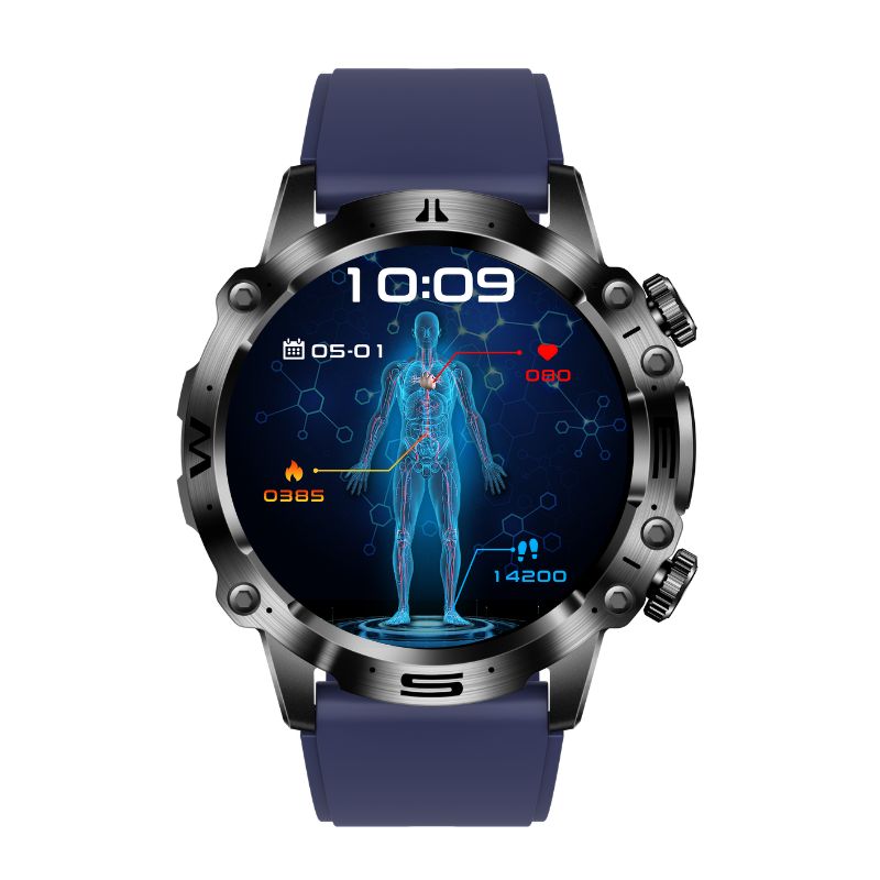 Wearable tech smartwatch for men & women, featuring health monitoring, HR, BP, and fitness tracking.