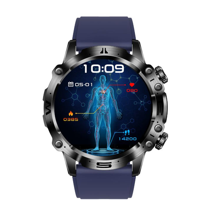 Wearable tech smartwatch for men & women, featuring health monitoring, HR, BP, and fitness tracking.