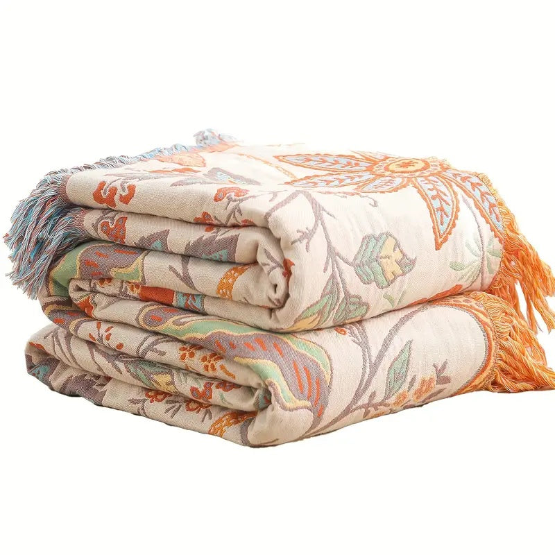 Unisex floral boho blanket, soft cotton blend throw with fringe, perfect for cozy comfort & bohemian home decor.