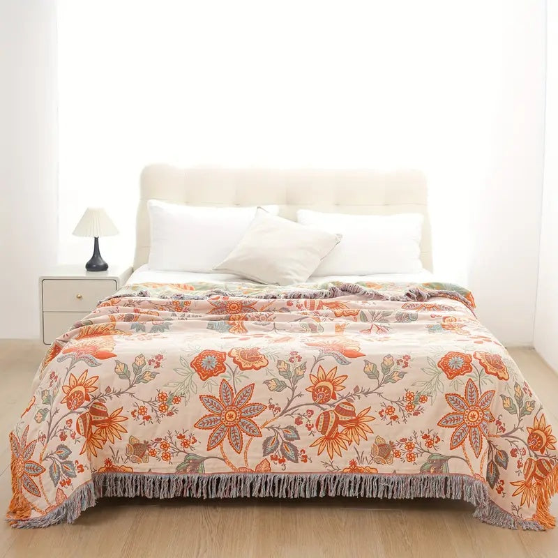 Boho floral cotton blend blanket, a versatile throw for picnic, travel wrap, or stylish year-round home comfort.