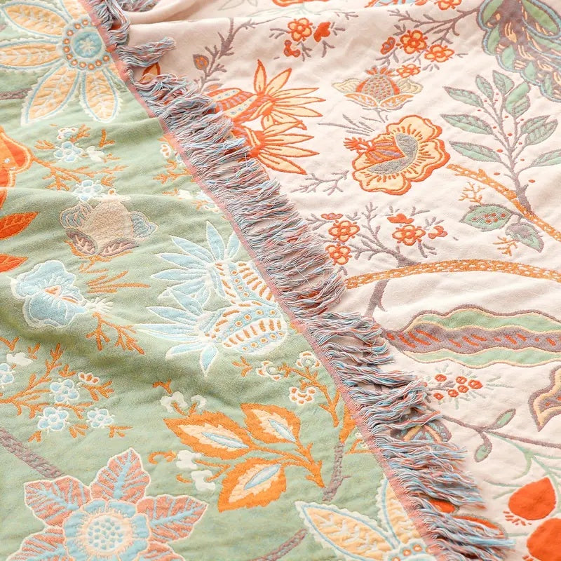 Cozy unisex floral boho blanket, ideal as a decorative throw, home accessory, or stylish comfort in any season.