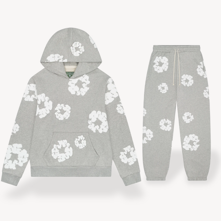 Unisex floral graphic hoodie & jogger matching set, perfect for comfortable loungewear and athleisure style.