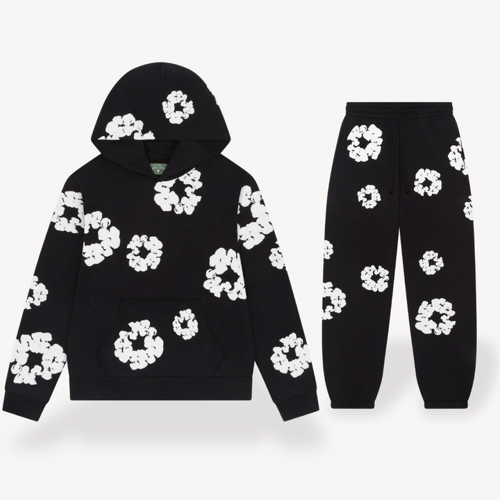 Close-up of comfortable unisex floral graphic hoodie with drawstring, ideal for casual men's & women's wear.