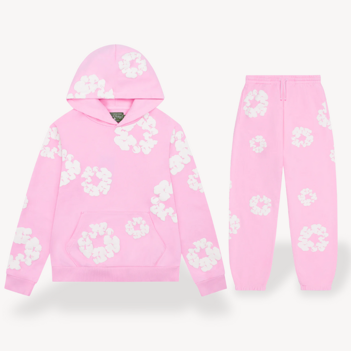 Soft fabric texture of a comfortable unisex floral graphic loungewear hoodie and jogger set.