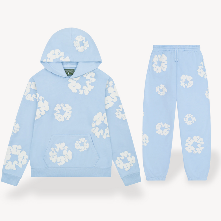 Back view of a trendy unisex floral graphic hoodie & jogger set, showcasing the casual tracksuit style.