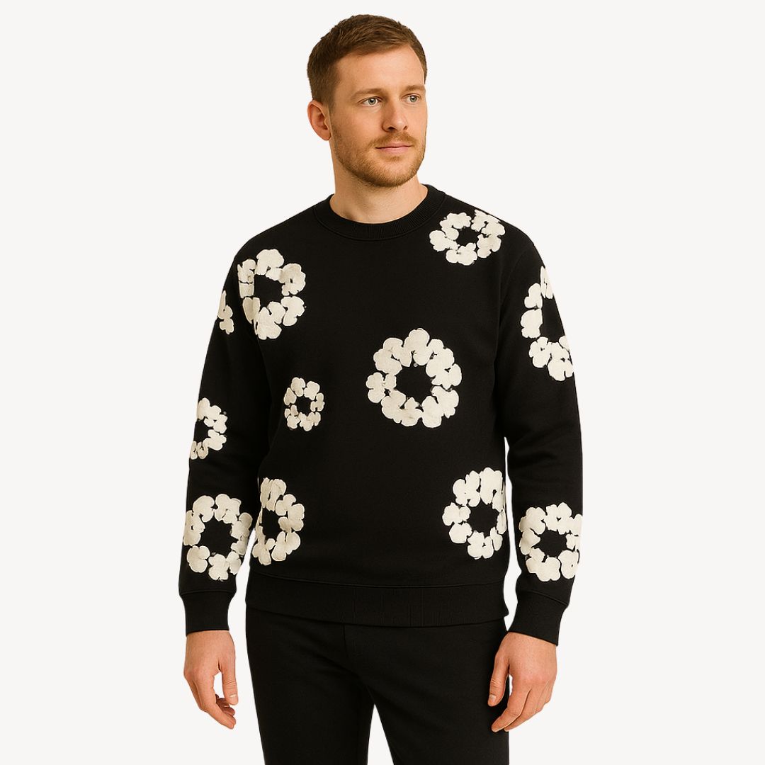 Unisex floral print crew neck sweatshirt. Casual long sleeve pullover, perfect for trendy all-season comfort.