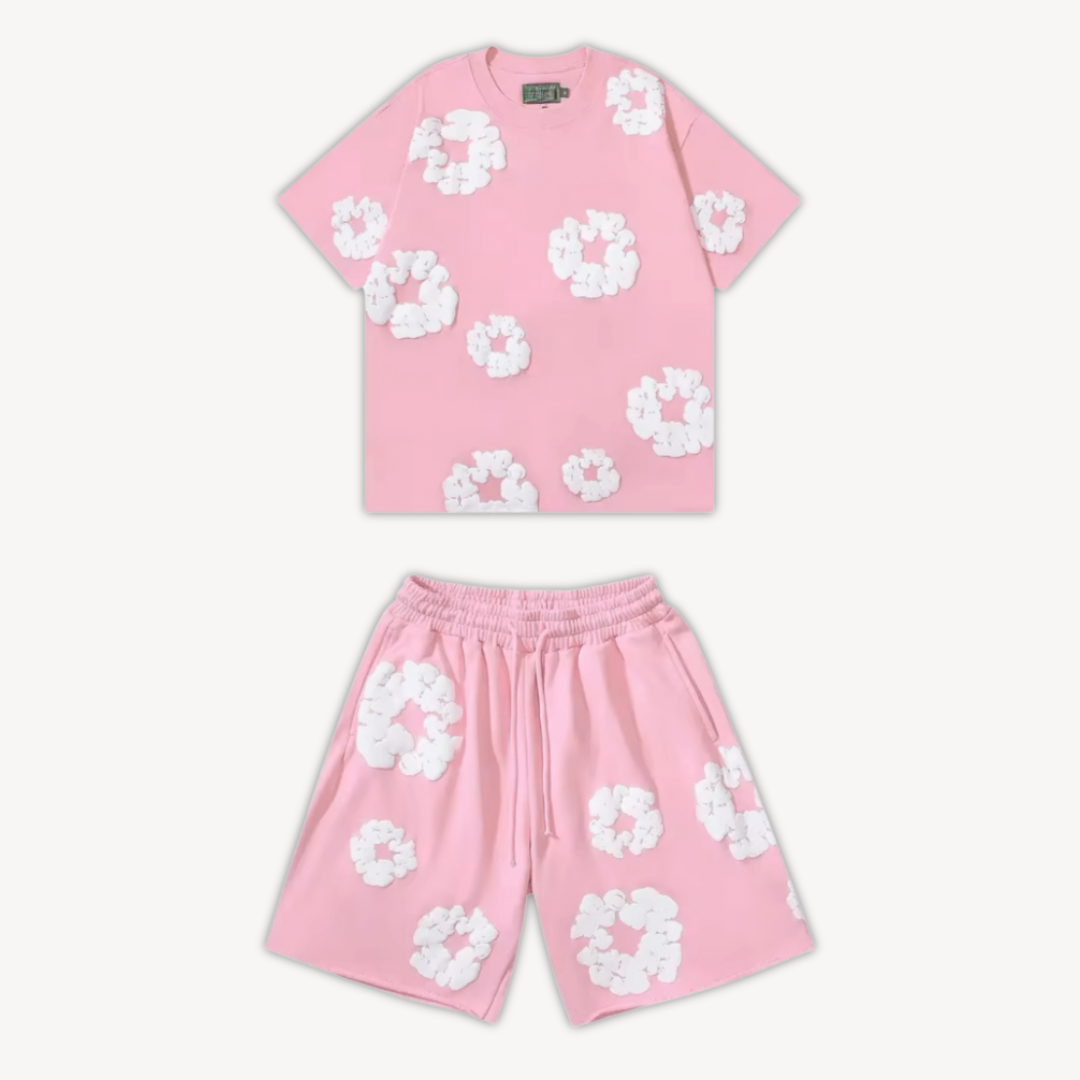 Unisex floral tee & shorts set with vibrant print. Perfect casual summer outfit for relaxed comfort.