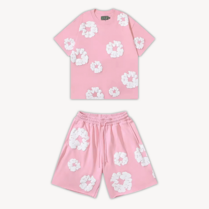Unisex floral tee & shorts set with vibrant print. Perfect casual summer outfit for relaxed comfort.