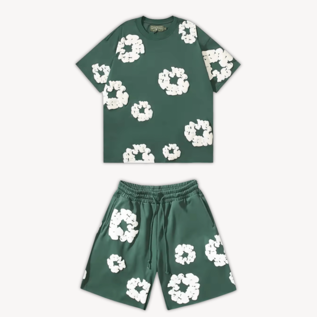 Vibrant floral print unisex tee and shorts set. Versatile casual wear, ideal for summer outfits & loungewear.