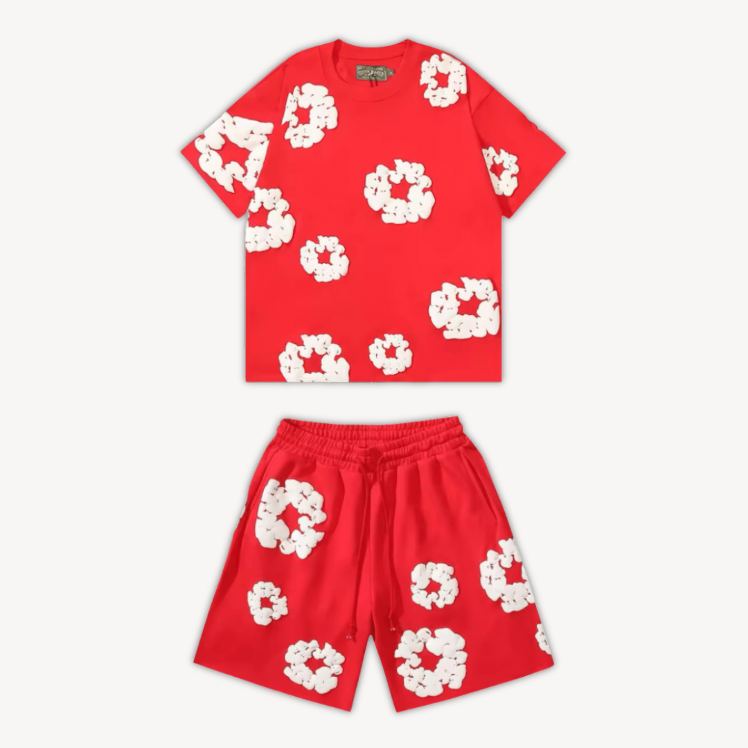 Effortless unisex floral tee and shorts set, ideal for summer. Vibrant print offers comfort and casual style.