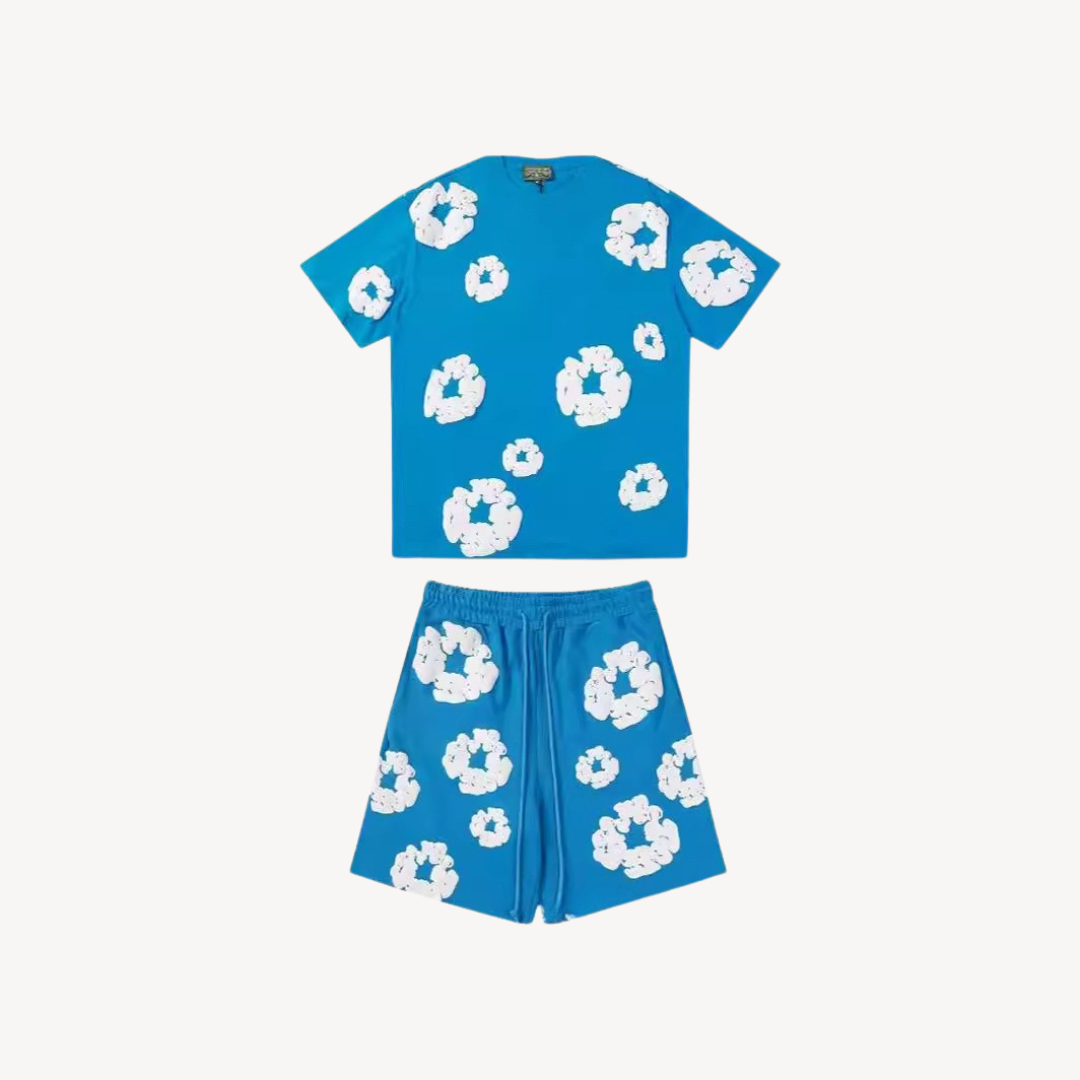 Vibrant unisex floral tee and shorts set for effortless style. Ideal casual wear for summer days.