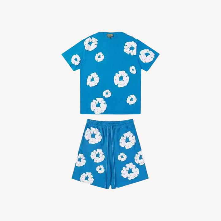 Vibrant unisex floral tee and shorts set for effortless style. Ideal casual wear for summer days.