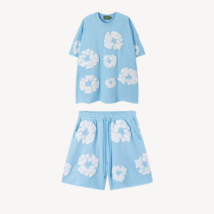 Relaxed fit floral tee & shorts loungewear set. Comfortable unisex casual wear for everyday style.