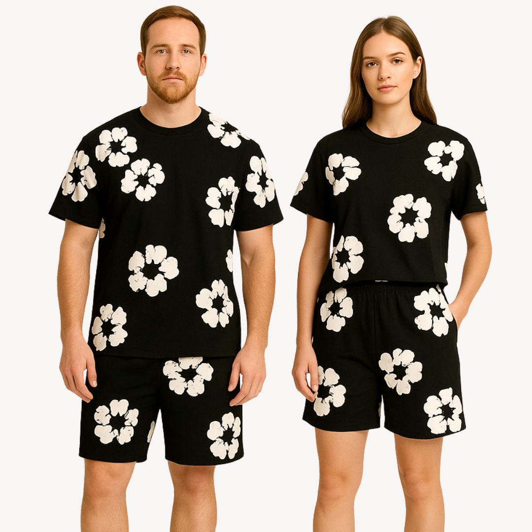 Vibrant floral print tee and shorts set. Effortless unisex summer outfit for casual comfort and style.