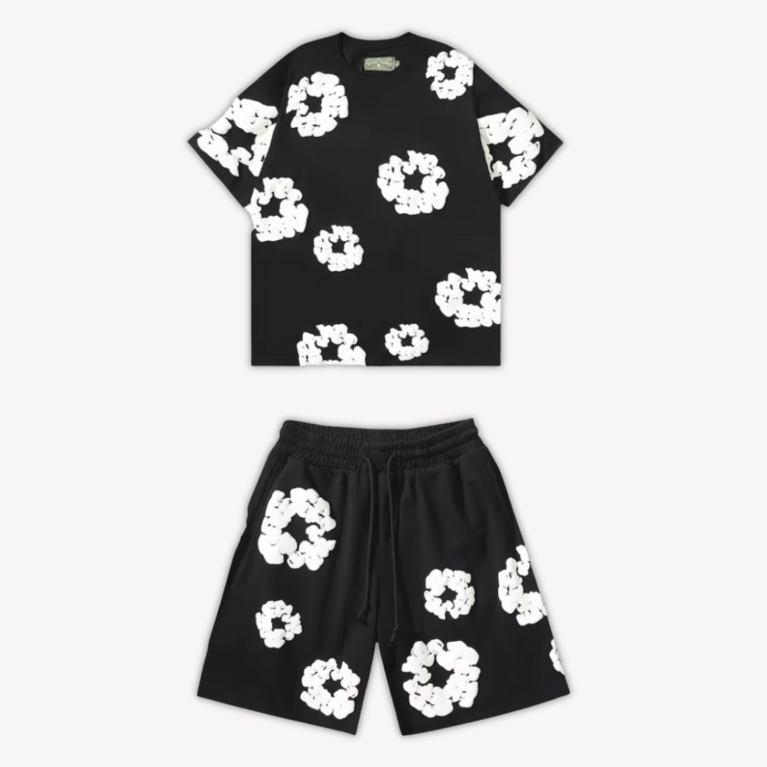 Unisex floral print tee and matching shorts set. Relaxed fit casual wear for summer.